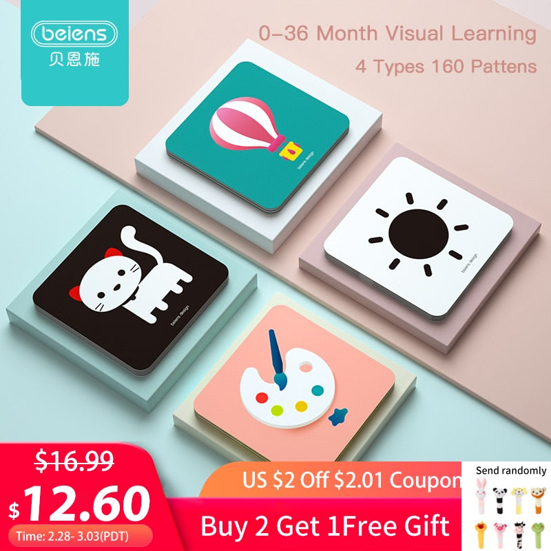 Beiens Baby Montessori Toys Pocket Flashcards for 0-36 Months Newborn Learning card Toys Children Early Educational Cognize Card