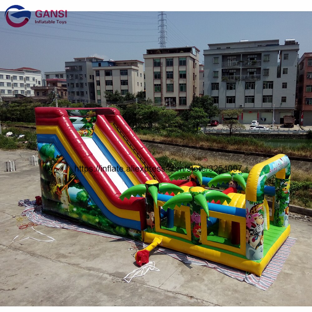 12x5x6m giant fun city inflatable castle slide,Animal Paradise inflatable bouncer slide combo for kids